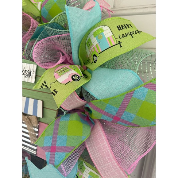Pink Mint Green Camper Mesh Ribbon Easter & Spring Wreath Front Door Hanger xxx - Picture 5 of 10